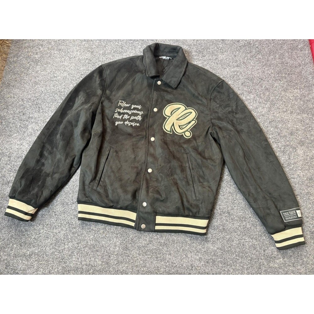 Zara Jacket Mens M Green Faux Suede Varsity Snap Front Logo Patch College
